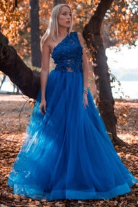 One Shoulder Blue Lace Tulle Long Prom Dresses, One Shoulder Blue Formal Dresses, Blue Lace Evening Dresses