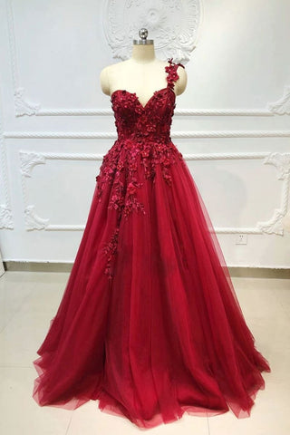 One Shoulder Burgundy Tulle Lace Floral Long Prom Dresses, Burgundy Lace Formal Dresses with 3D Flowers, Burgundy Evening Dresses