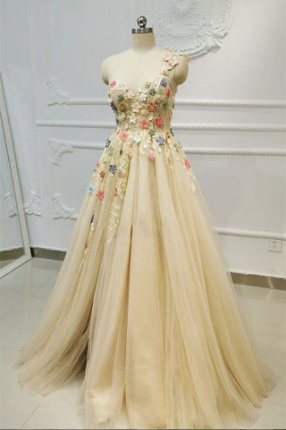 One Shoulder Champagne Tulle Floral Long Prom Dresses, Champagne Lace Formal Evening Dresses with Flowers