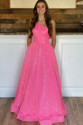 One Shoulder Hot Pink Prom Dresses, One Shoulder Hot Pink Long Formal Graduation Dresses