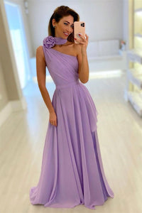 One Shoulder Purple Chiffon Long Prom Dresses, Purple Chiffon Bridesmaid Dresses, Long Purple Formal Evening Dresses