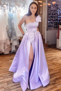 One Shoulder Purple Satin Long Prom Dresses with High Slit, One Shoulder Purple Formal Evening Dresses