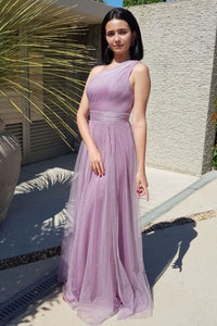 One Shoulder Purple Tulle Long Prom Dresses, One Shoulder Purple Bridesmaid Dresses, Purple Formal Evening Dresses