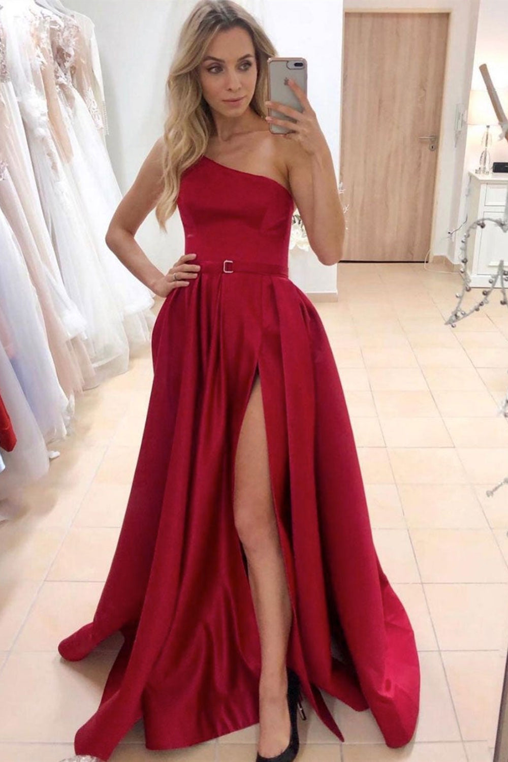 One Shoulder Red Satin Long Prom Dresses with High Slit, One Shoulder Red Formal Evening Dresses