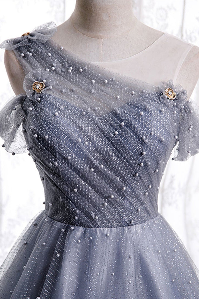 One Shoulder Round Neck Gray Beaded Long Prom Dresses, Off Shoulder Gr Lwt Dress One Shoulder Round Neck Gray Beaded Long Prom Dresses, Off Shoulder Gr Lwt Dress