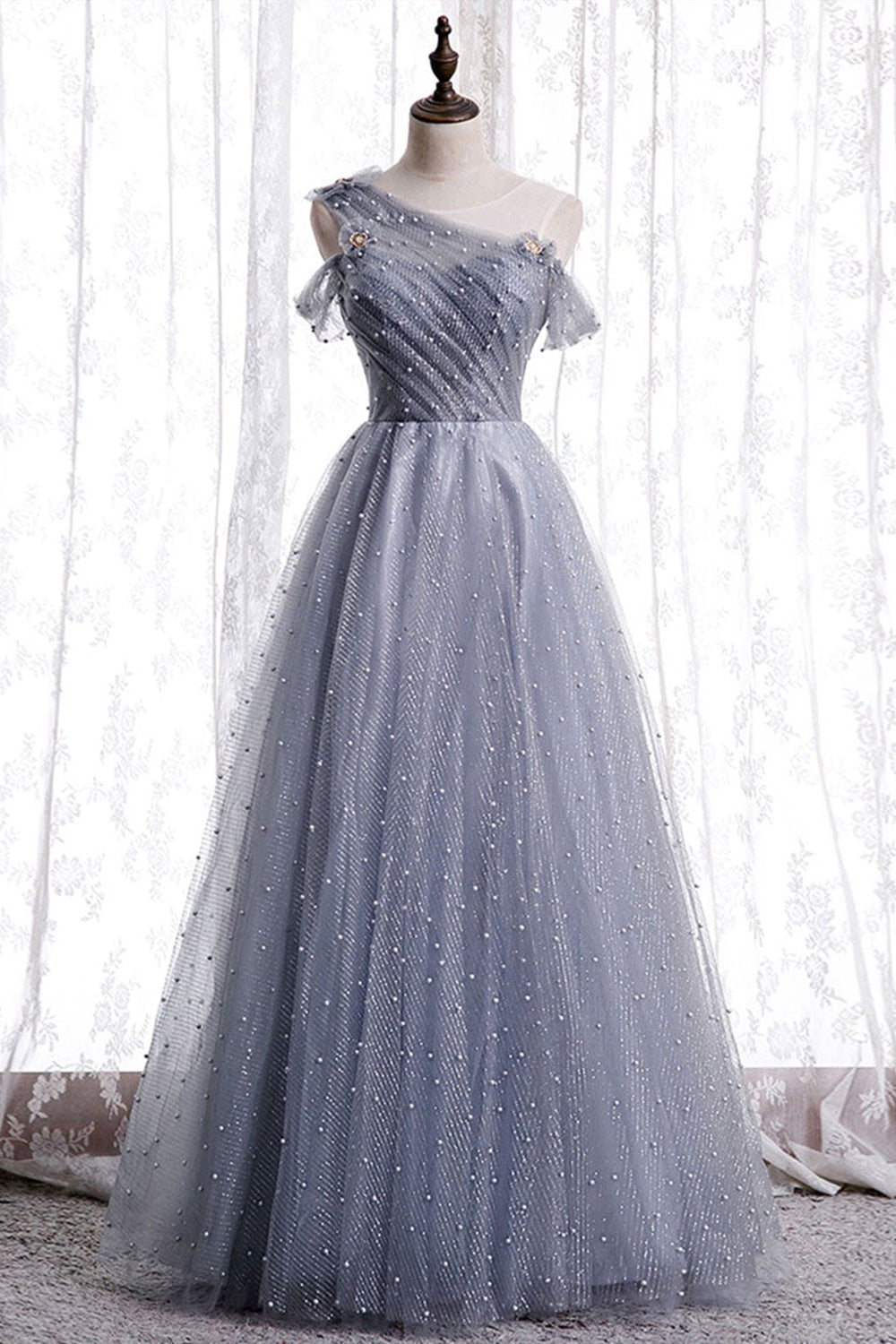 One Shoulder Round Neck Gray Beaded Long Prom Dresses, Off Shoulder Gr Lwt Dress One Shoulder Round Neck Gray Beaded Long Prom Dresses, Off Shoulder Gr Lwt Dress