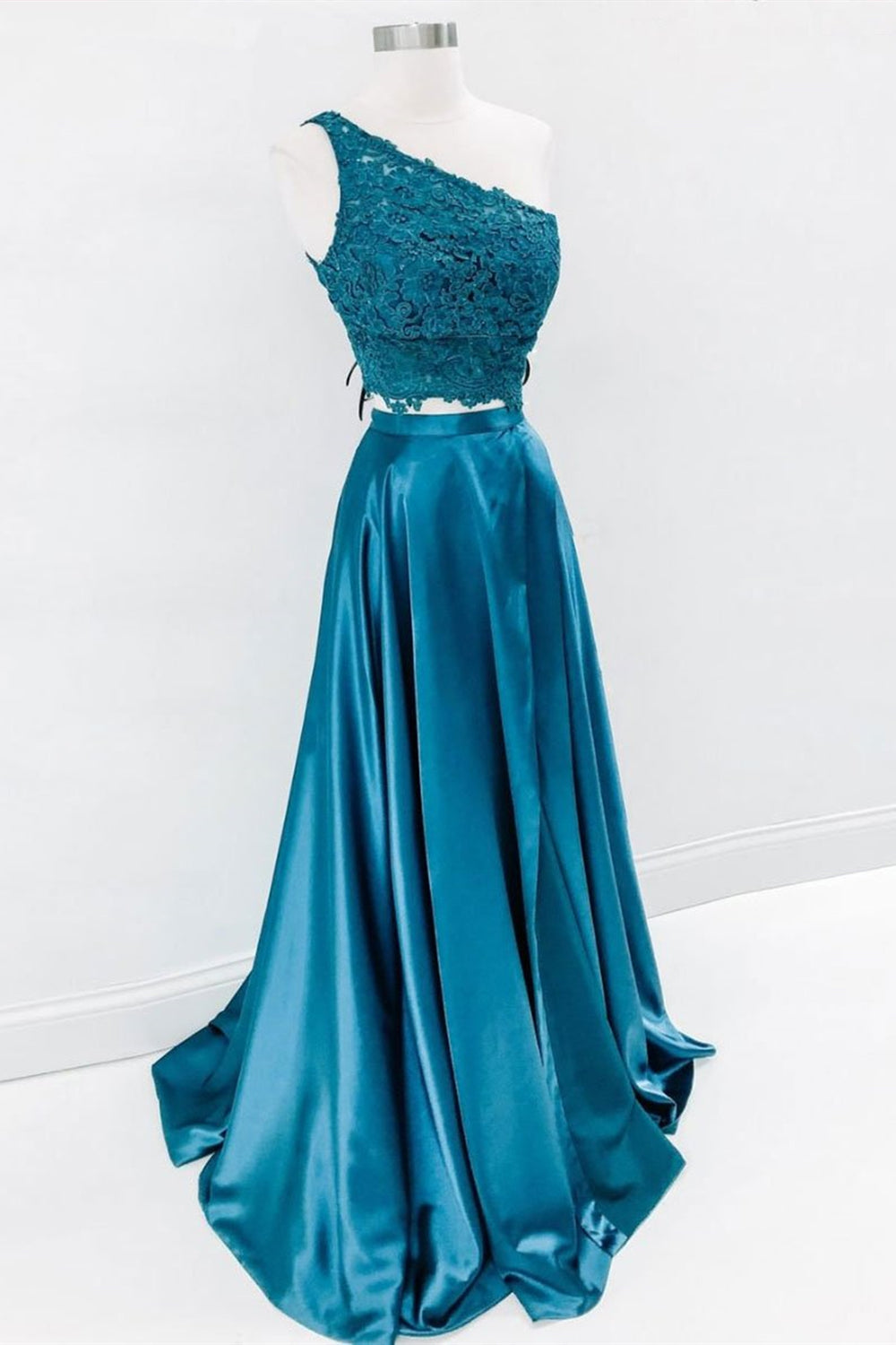 One Shoulder Two Pieces Blue Lace Long Prom Dresses, Two Pieces Blue Formal Dresses, Blue Lace Evening Dresses
