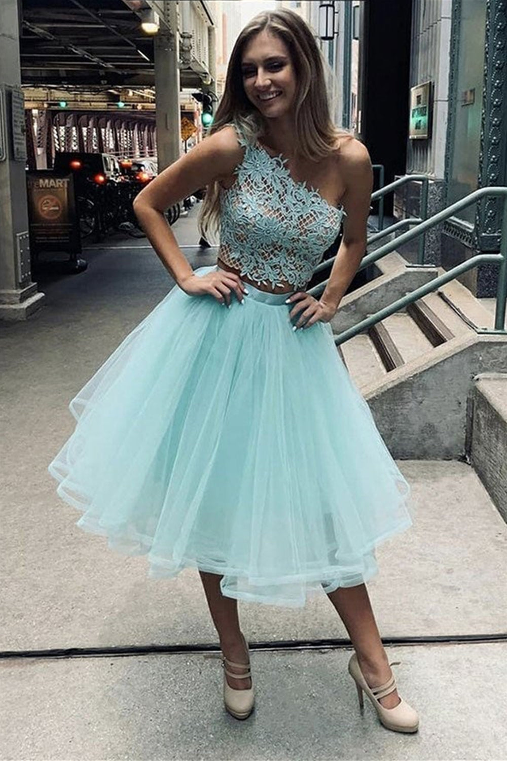One Shoulder Two Pieces Blue Lace Short Prom Dresses, 2 Pieces Blue Ho Lwt Dress One Shoulder Two Pieces Blue Lace Short Prom Dresses, 2 Pieces Blue Ho Lwt Dress