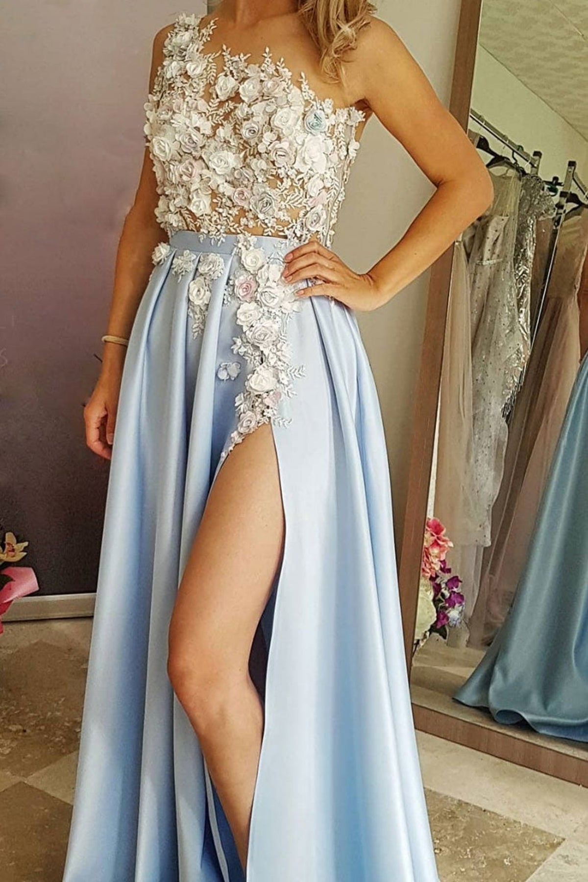 One Shoulder White Lace Floral Blue Long Prom Dresses with High Slit, One Shoulder Blue Lace Formal Evening Dresses