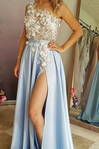 One Shoulder White Lace Floral Blue Long Prom Dresses with High Slit, One Shoulder Blue Lace Formal Evening Dresses