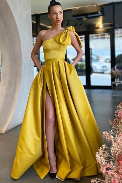 One Shoulder Yellow Satin Long Prom Dresses with High Slit, One Shoulder Yellow Formal Evening Dresses