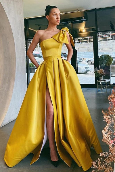 One Shoulder Yellow Satin Long Prom Dresses with High Slit, One Shoulder Yellow Formal Evening Dresses