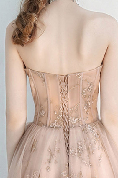 Open Back Beaded Champagne Tulle Long Prom Dresses, Champagne Formal Evening Dresses, Party Dresses