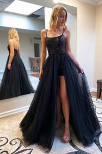 Open Back Black Tulle Long Prom Dresses with High Slit, Black Tulle Long Formal Graduation Evening Dresses