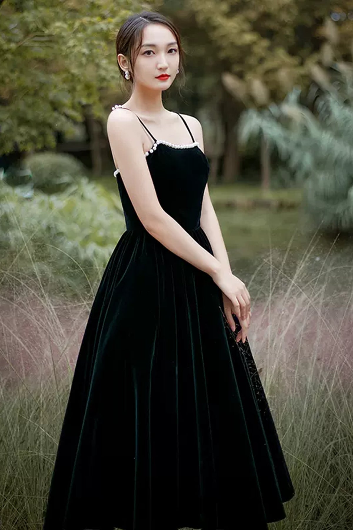 Open Back Black Velvet Tea Length Prom Dresses, Black Velvet Homecomin   Lwt Dress