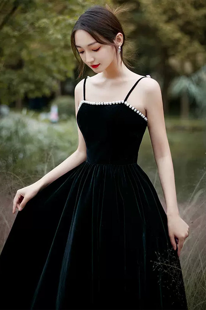 Open Back Black Velvet Tea Length Prom Dresses, Black Velvet Homecomin Lwt Dress Open Back Black Velvet Tea Length Prom Dresses, Black Velvet Homecomin Lwt Dress