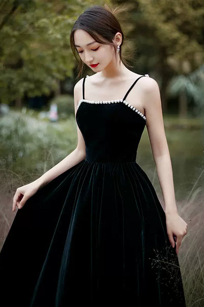 Open Back Black Velvet Tea Length Prom Dresses, Black Velvet Homecoming Dresses, Black Formal Graduation Evening Dresses WT1014