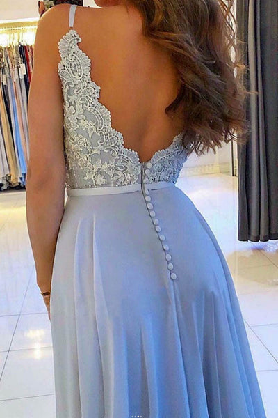 Open Back Blue Chiffon Long Lace Prom Dresses with High Slit, Sweetheart Neck Blue Bridesmaid Dresses, Blue Lace Formal Evening Dresses
