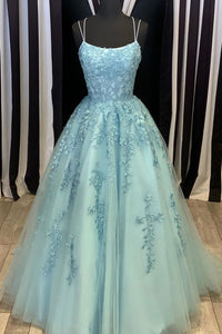 Open Back Blue Lace Long Prom Dresses, Backless Blue Formal Dresses, Blue Lace Evening Party Dresses