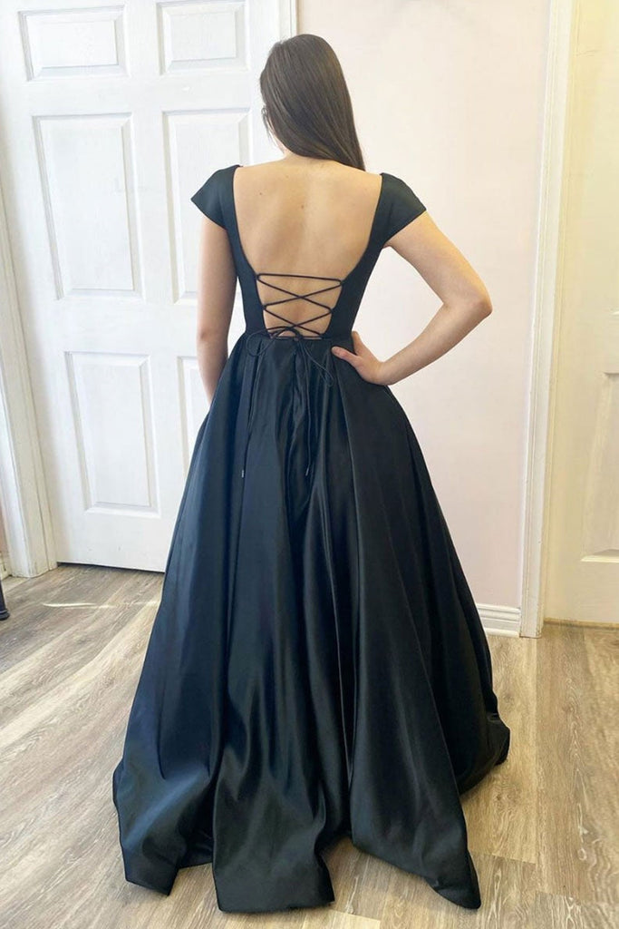 Open Back Cap Sleeves Black Satin Long Prom Dresses, Cap Sleeves Black Lwt Dress Open Back Cap Sleeves Black Satin Long Prom Dresses, Cap Sleeves Black Lwt Dress
