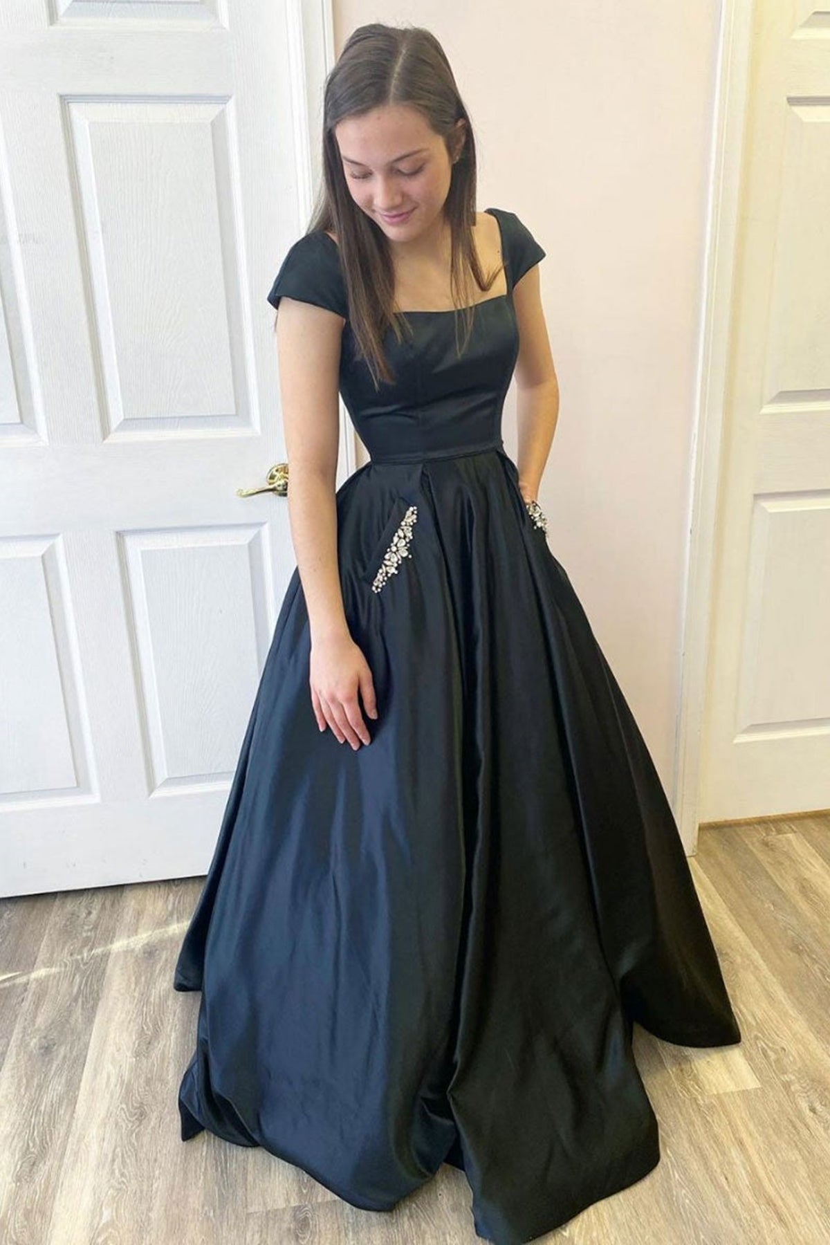 Open Back Cap Sleeves Black Satin Long Prom Dresses, Cap Sleeves Black Lwt Dress Open Back Cap Sleeves Black Satin Long Prom Dresses, Cap Sleeves Black Lwt Dress