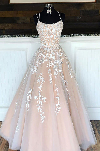 Open Back Champagne Lace Long Prom Dresses, Champagne Lace Formal Evening Dresses, Backless Champagne Party Dresses