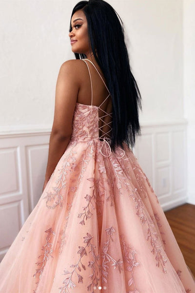 Open Back Pink Lace Tulle Long Prom Dresses, Pink Lace Formal Dresses, Pink Evening Dresses