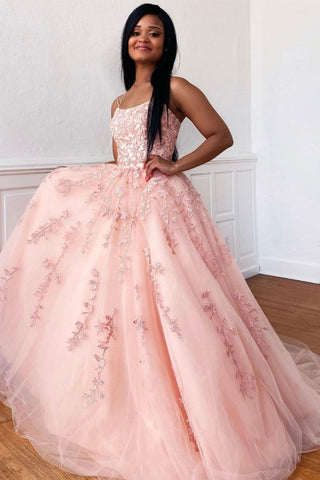 Open Back Pink Lace Tulle Long Prom Dresses, Pink Lace Formal Dresses, Pink Evening Dresses