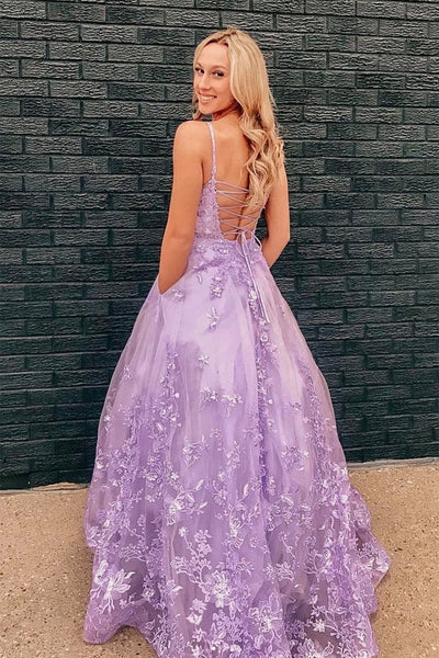 Open Back Purple Lace Floral Long Prom Dresses, Purple Lace Formal Evening Dresses WT1030