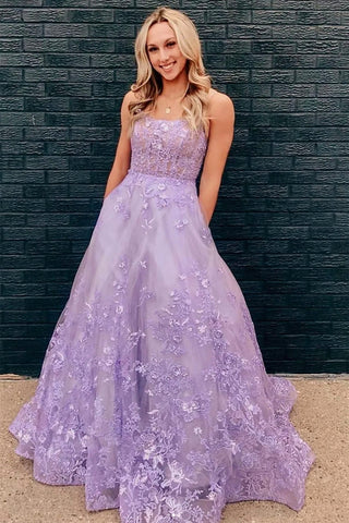 Open Back Purple Lace Floral Long Prom Dresses, Purple Lace Formal Evening Dresses WT1030