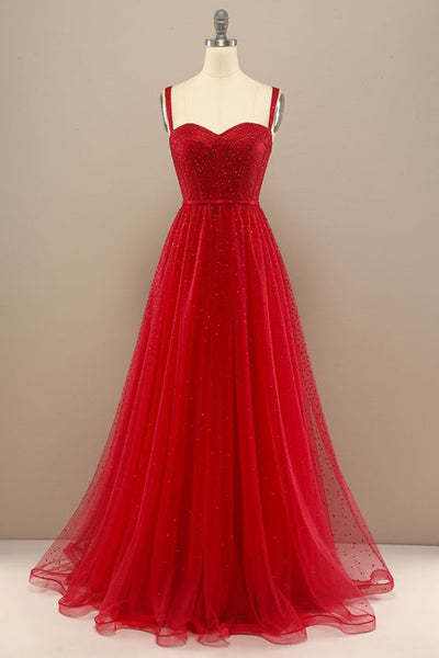 Open Back Red Tulle Beaded Long Prom Dresses, Sweetheart Neck Red Formal Dresses, Beaded Red Evening Dresses
