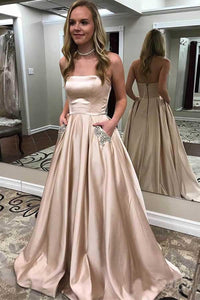 Open Back Strapless Champagne Long Prom Dresses with Pocket, Champagne Formal Evening Dresses
