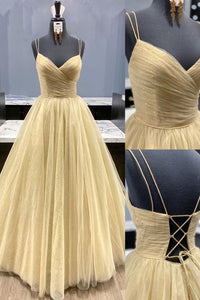 Open Back V Neck Golden Tulle Long Prom Dresses, Golden Tulle Formal Evening Dresses