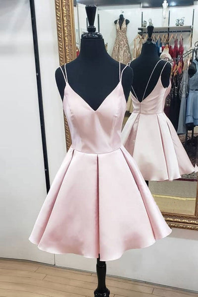 Open Back V Neck Pink Short Prom Dresses, V Neck Pink Homecoming Dresses, Backless Pink Formal Evening Dresses