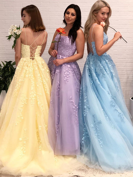 Open Back Yellow Purple Blue Lace Tulle Long Prom Dresses, Yellow Purple Blue Lace Formal Evening Dresses
