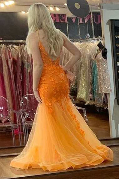 Orange Lace V Neck Mermaid Tulle Long Prom Dresses, Orange Lace Formal Graduation Evening Dresses WT1107