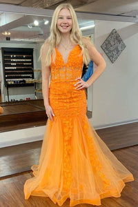 Orange Lace V Neck Mermaid Tulle Long Prom Dresses, Orange Lace Formal Graduation Evening Dresses WT1107