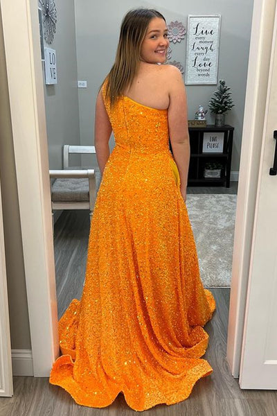 Orange Sequins One Shoulder Long Prom Dresses, Shiny Orange Formal Graduation Evening Dresses WT1090