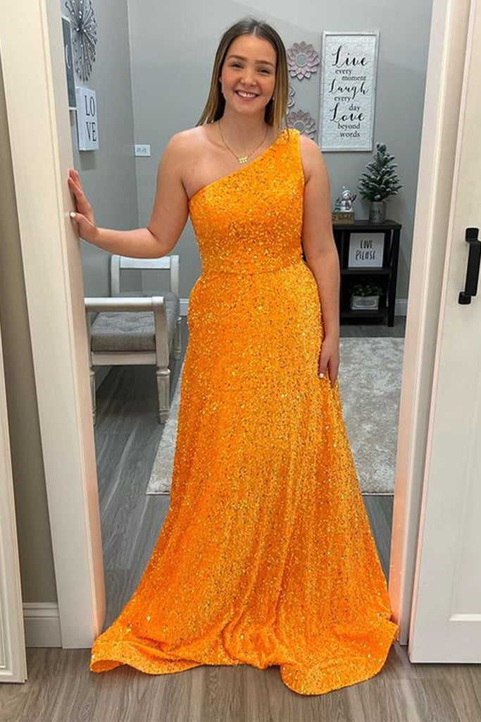 Orange Sequins One Shoulder Long Prom Dresses, Shiny Orange Formal Gra Lwt Dress Orange Sequins One Shoulder Long Prom Dresses, Shiny Orange Formal Gra Lwt Dress