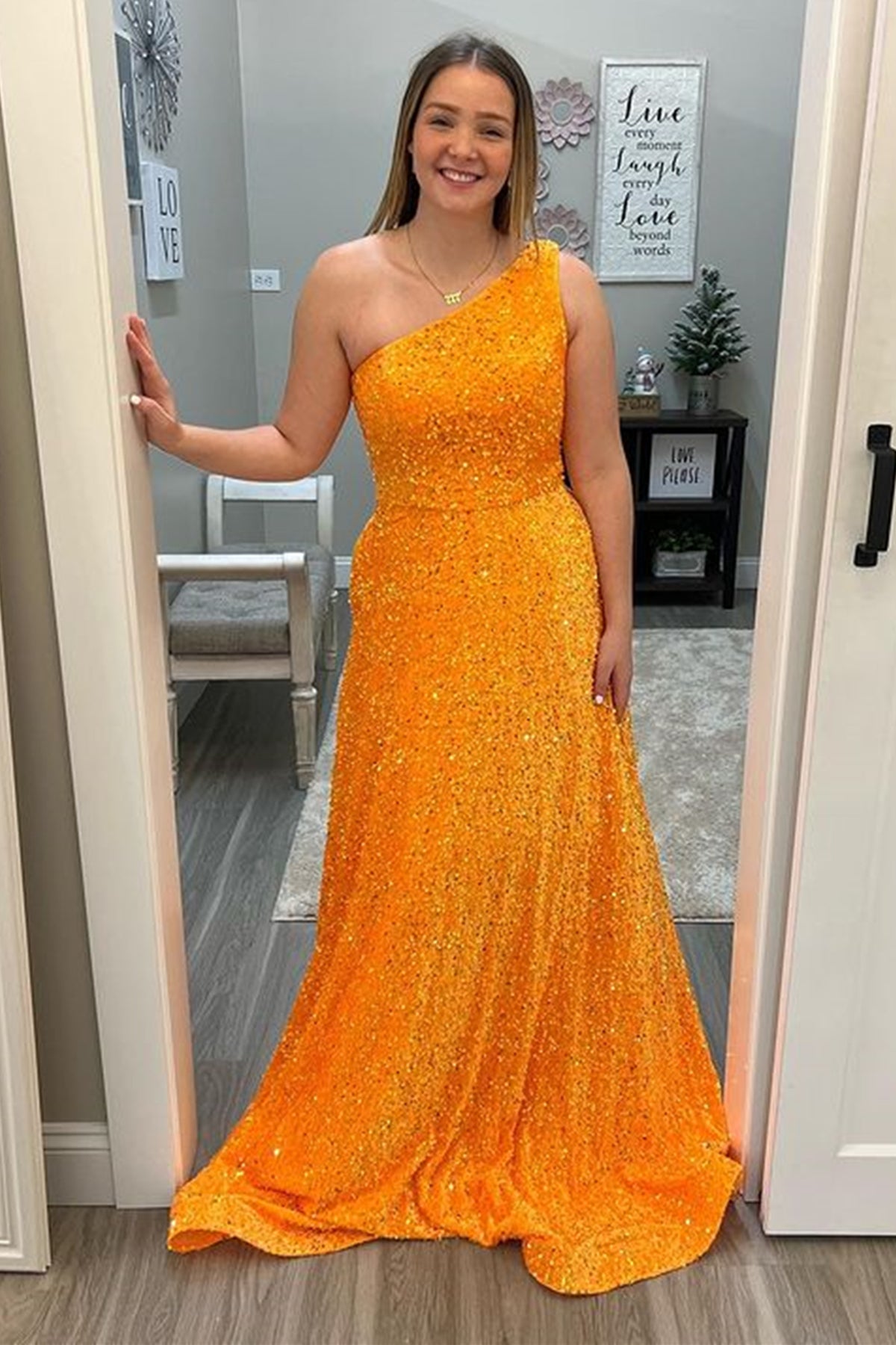 Orange Sequins One Shoulder Long Prom Dresses, Shiny Orange Formal Gra Lwt Dress Orange Sequins One Shoulder Long Prom Dresses, Shiny Orange Formal Gra Lwt Dress