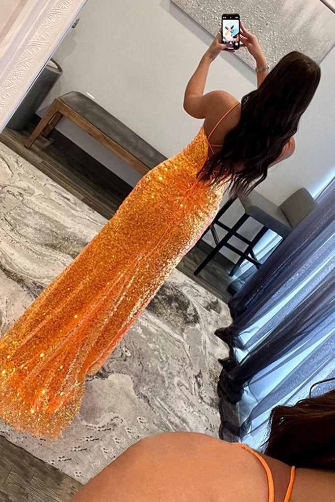 Orange Sequins V Neck Mermaid Long Prom Dresses with High Slit, Mermai Lwt Dress Orange Sequins V Neck Mermaid Long Prom Dresses with High Slit, Mermai Lwt Dress