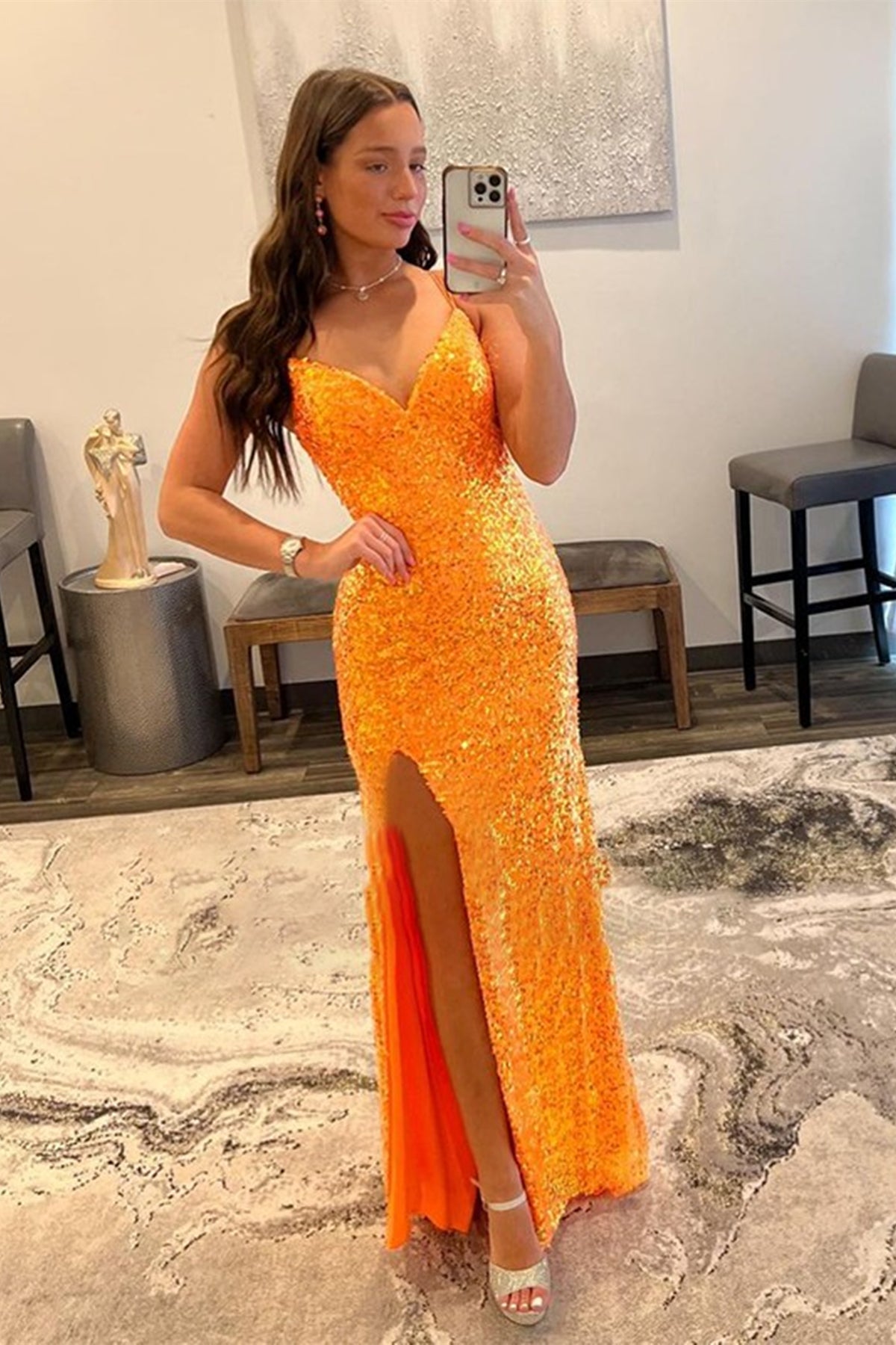 Orange Sequins V Neck Mermaid Long Prom Dresses with High Slit, Mermai Lwt Dress Orange Sequins V Neck Mermaid Long Prom Dresses with High Slit, Mermai Lwt Dress