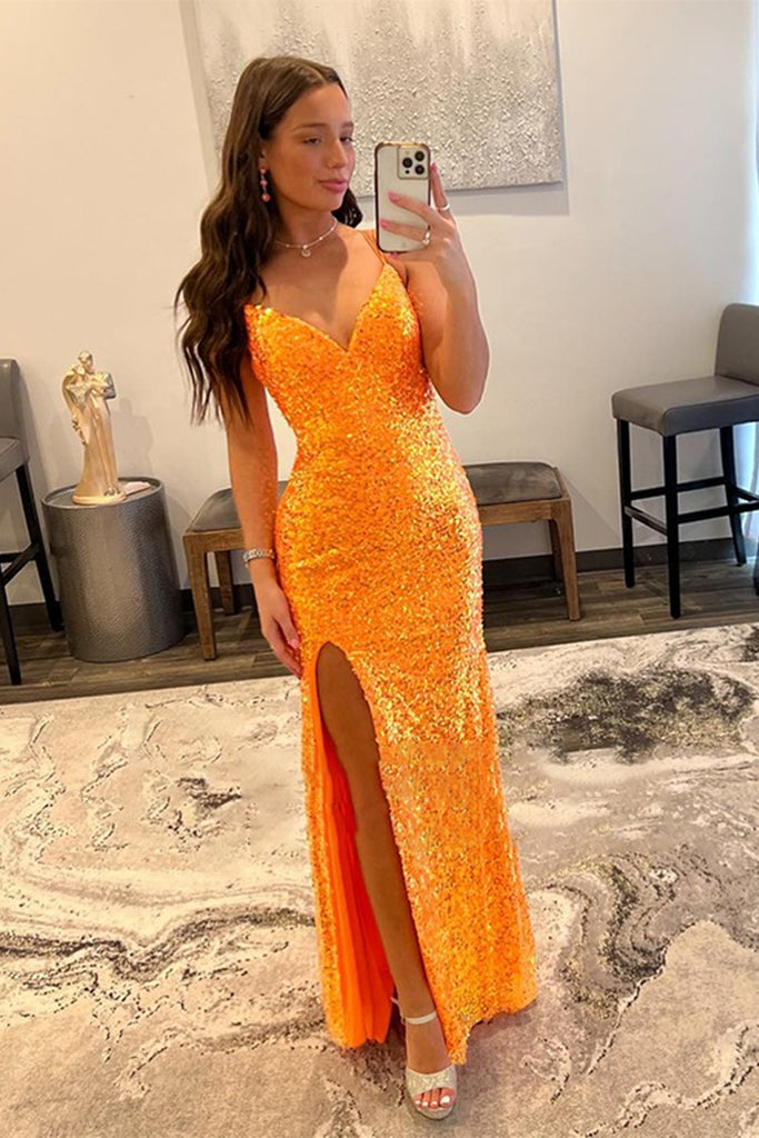 Orange Sequins V Neck Mermaid Long Prom Dresses with High Slit, Mermai Lwt Dress Orange Sequins V Neck Mermaid Long Prom Dresses with High Slit, Mermai Lwt Dress