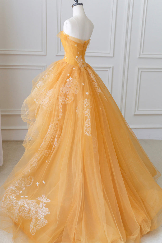 Orange Tulle Strapless High Low Lace Long Prom Dresses, High Low Orang Lwt Dress Orange Tulle Strapless High Low Lace Long Prom Dresses, High Low Orang Lwt Dress