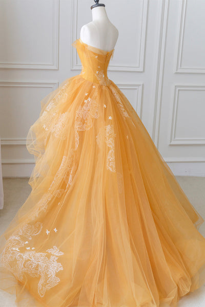 Orange Tulle Strapless High Low Lace Long Prom Dresses, High Low Orange Formal Evening Dresses, Ball Gown WT1145