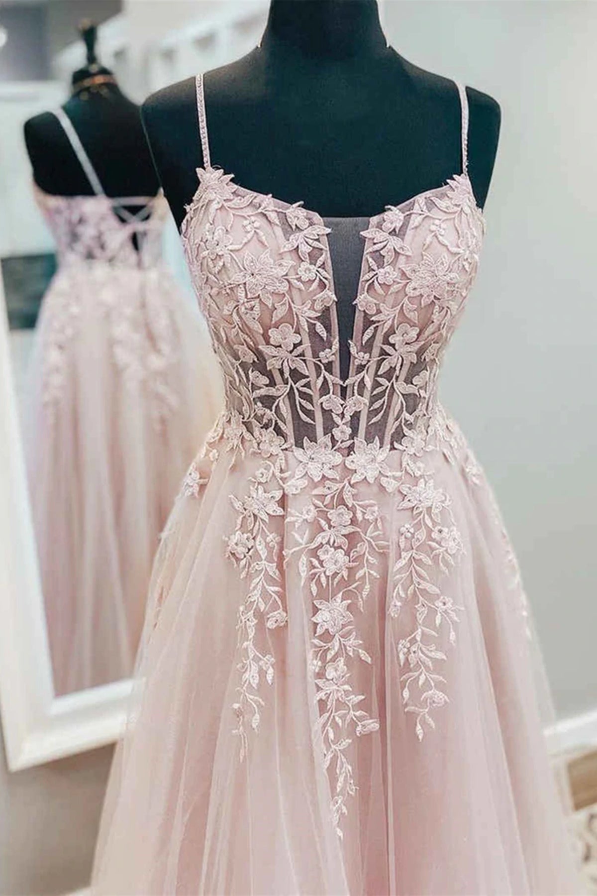 Pink Lace Tulle A Line Open Back Long Prom Dresses, Pink Formal Evening Dresses with Lace Appliques