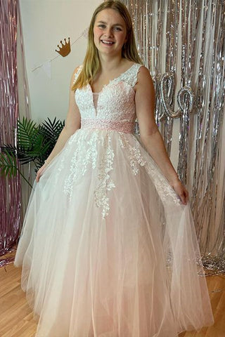 Pink Lace V Neck Long Prom Dresses with Belt, Pink Lace Formal Dresses, Pink Evening Dresses WT1096