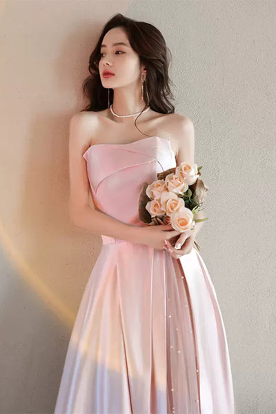 Pink Satin Elegant Strapless Long Prom Dresses, Long Pink Formal Graduation Evening Dresses WT1081