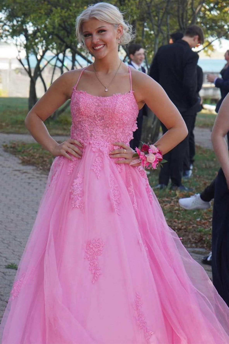 Pink Tulle Backless Lace Long Prom Dresses with High Slit, Pink Lace F ...