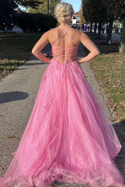Pink Tulle Backless Lace Long Prom Dresses with High Slit, Pink Lace Formal Dresses, Pink Evening Dresses with Appliques WT1114